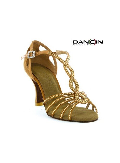 Scarpa da ballo 5 fasce con cristal strass in raso flesh tacco 7,5 cm