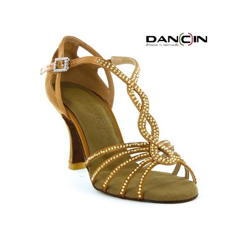 Scarpa da ballo 5 fasce con cristal strass in raso flesh tacco 7,5 cm