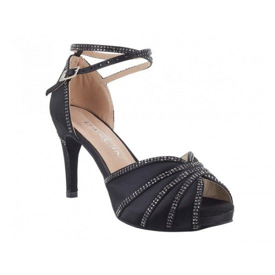 Scarpa da ballo donna con plateau in raso nero e crystal strass tacco stiletto cm 8